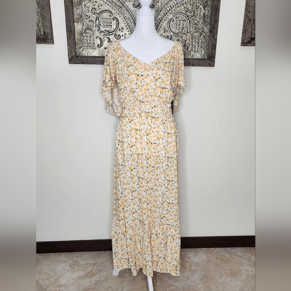As U Wish Yellow Floral Flutter Sleeve Cut Out Cottagecore Midi Dress 2XL Easter